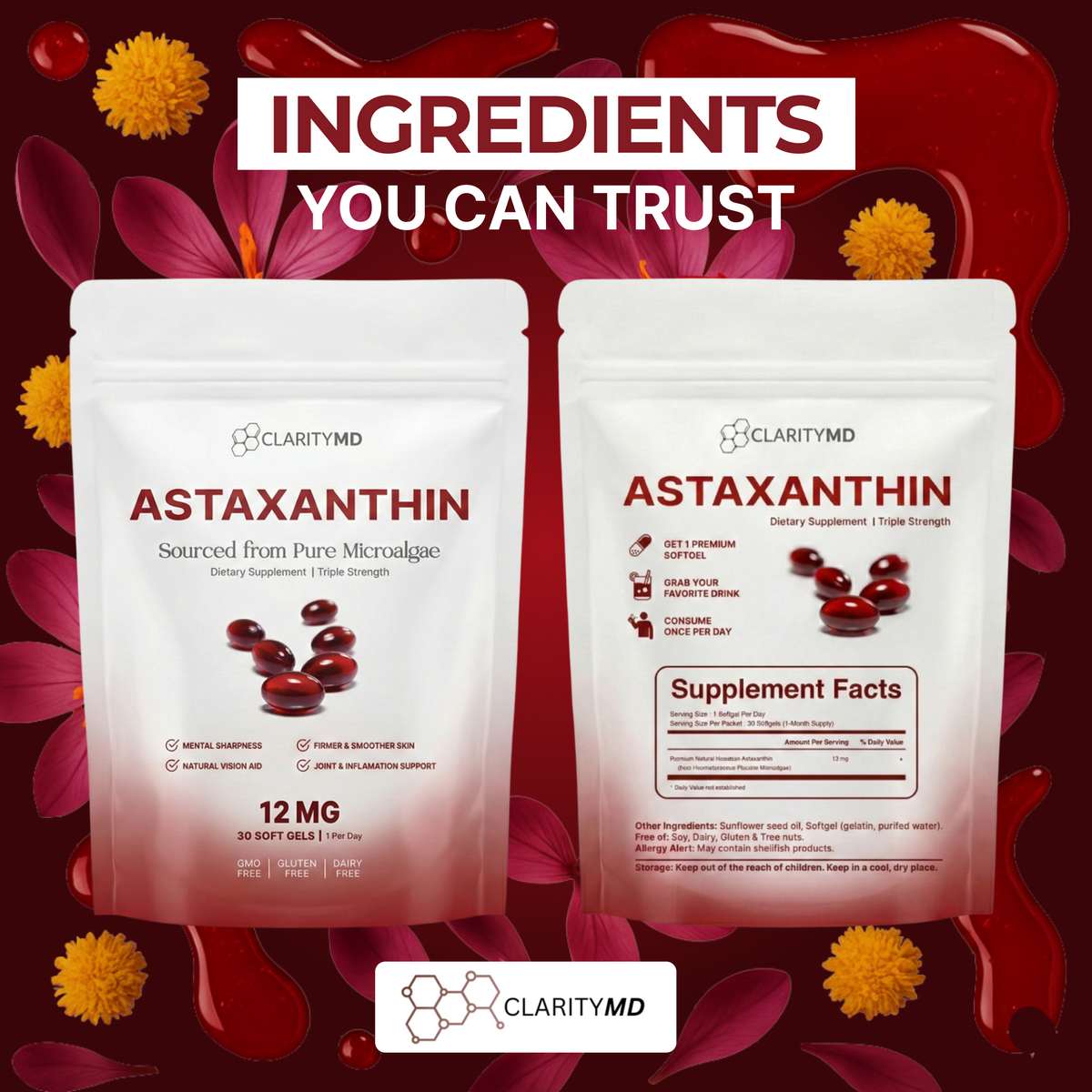 ClarityMD - Astaxanthin 12mg Softgels - Naturally Preserve Firm Glowing Skin, Healthy Hair & Energy