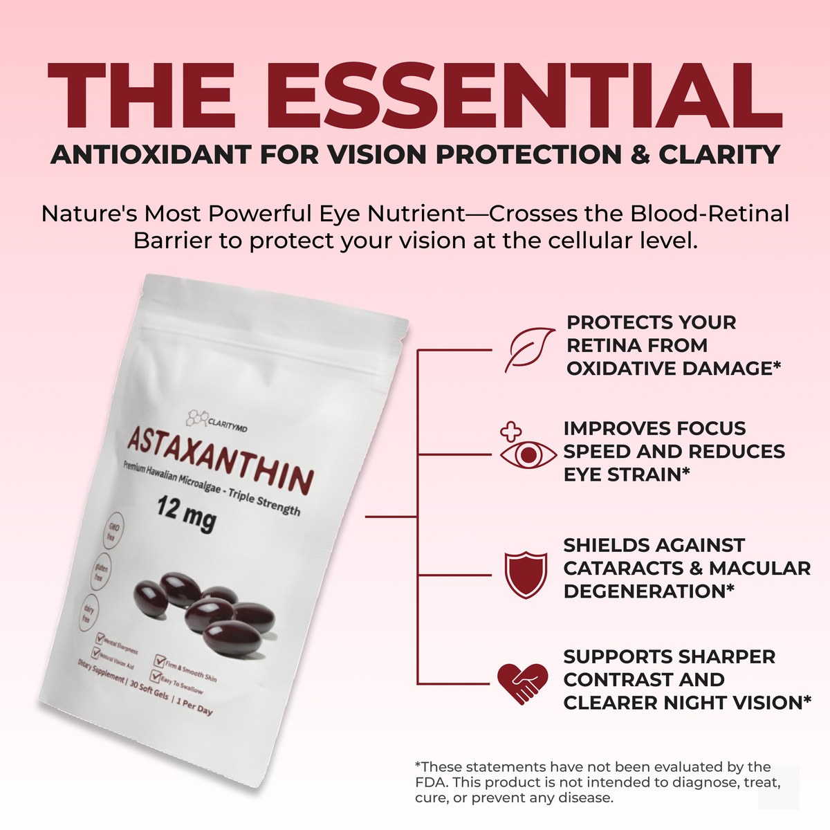 ClarityMD Astaxanthin Softgels - Naturally Protects Your Eye Cells To Restore Sharp, Clear Vision