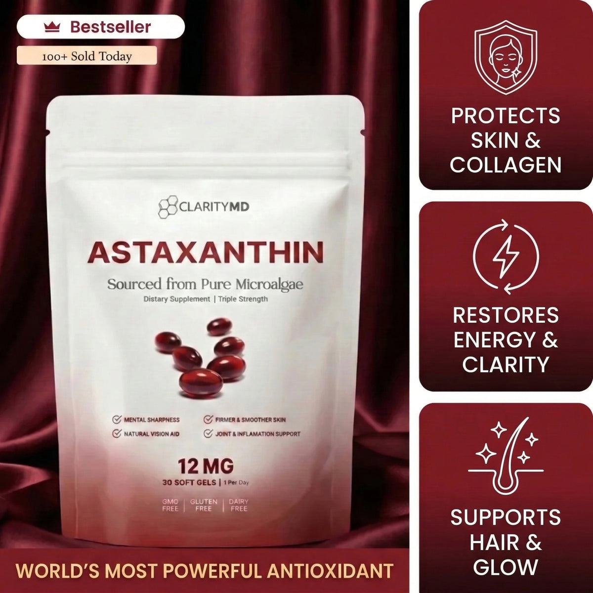 ClarityMD - Astaxanthin 12mg Softgels - Naturally Preserve Firm Glowing Skin, Healthy Hair & Energy