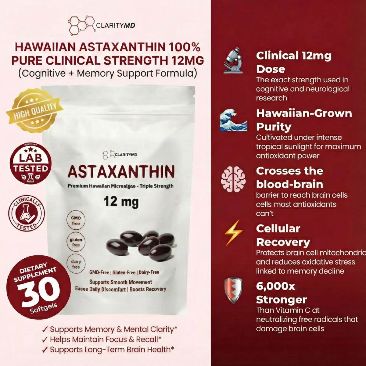 ClarityMD Astaxanthin Softgels - Naturally Protects Your Brain Cells & Preserves Clear Thinking, Sharp Memory, and Independence