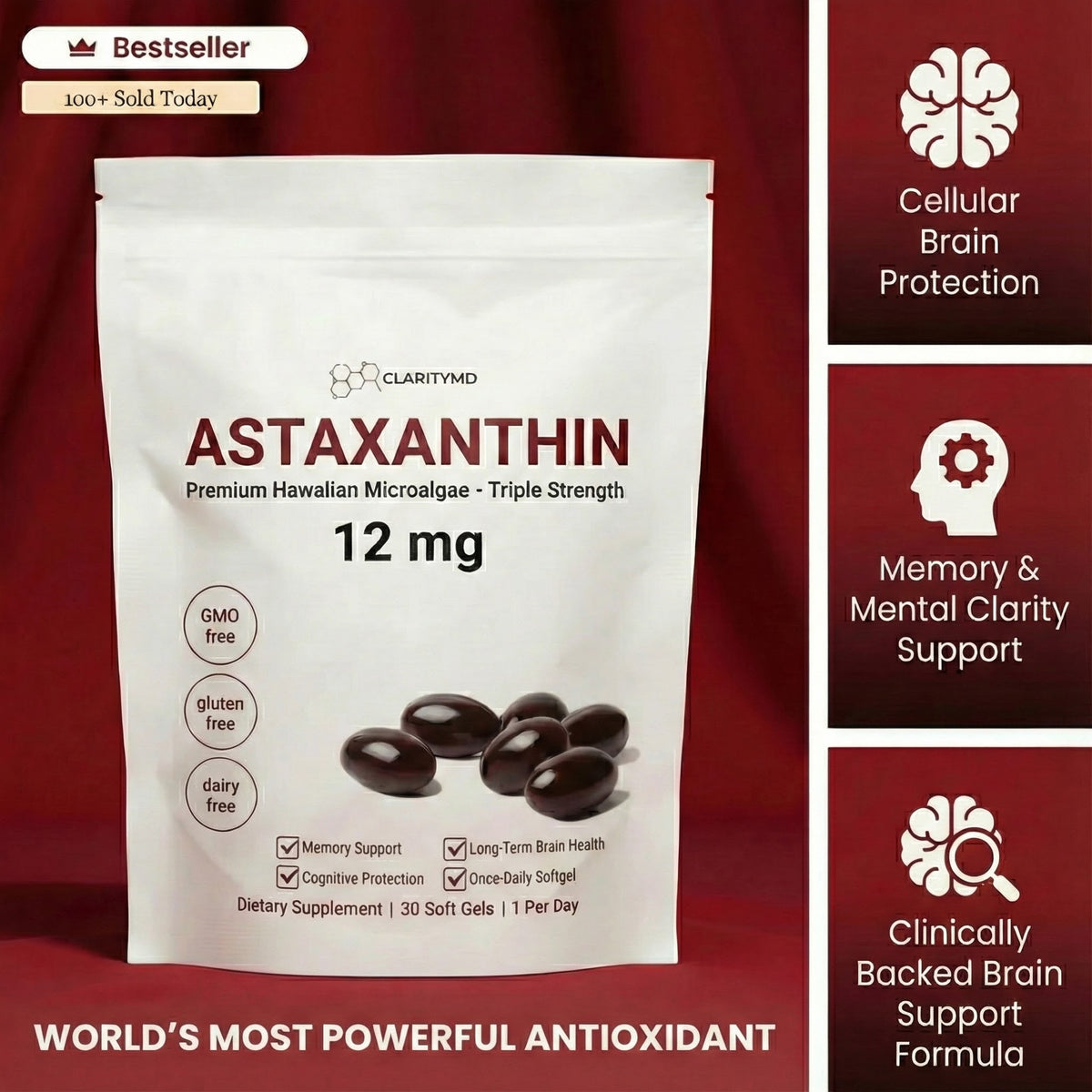 ClarityMD Astaxanthin Softgels - Naturally Protects Your Brain Cells & Preserves Clear Thinking, Sharp Memory, and Independence