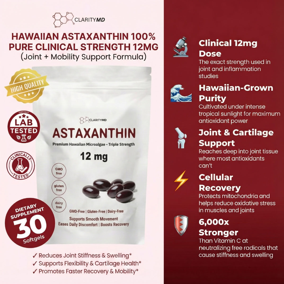 ClarityMD Astaxanthin Softgels - Powerful Support for Joints, Inflammation & Mobility