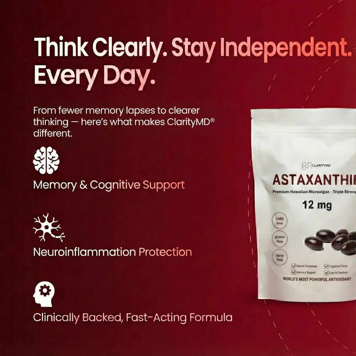 ClarityMD Astaxanthin Softgels - Naturally Protects Your Brain Cells & Preserves Clear Thinking, Sharp Memory, and Independence