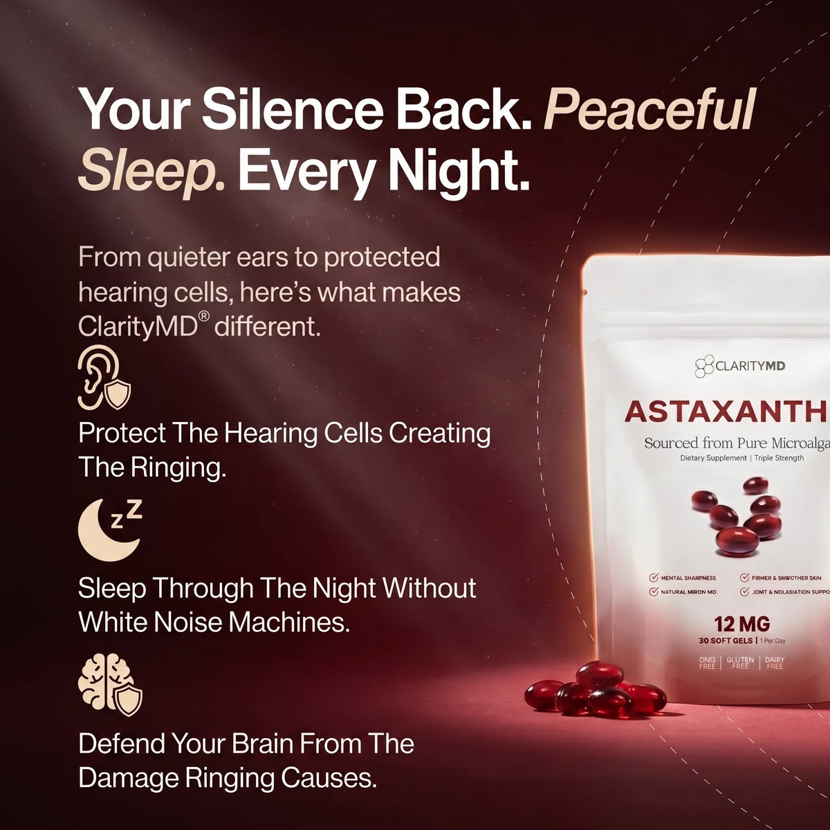 ClarityMD Astaxanthin 12mg Softgels - Reduced Ringing, Better Sleep & Total Inner Ear Cell Defence Clarity MD