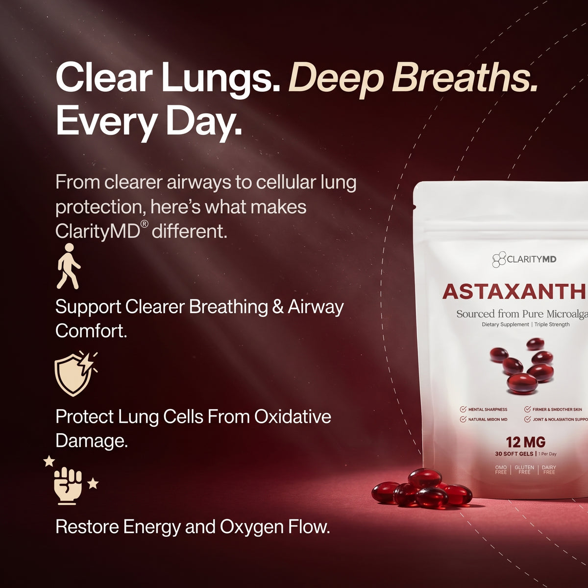 ClarityMD - Astaxanthin 12mg Softgels - Clearer Breathing, Chest Comfort & Total Lung Cell Defence