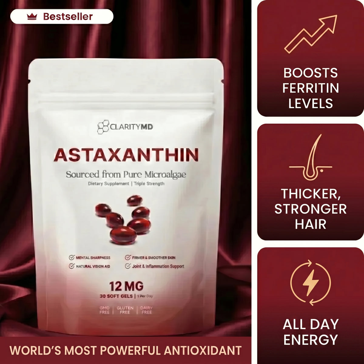 ClarityMD - Astaxanthin 12mg Softgels - Naturally Fights Oxidative Stress to Support Healthy Iron & Ferritin Levels