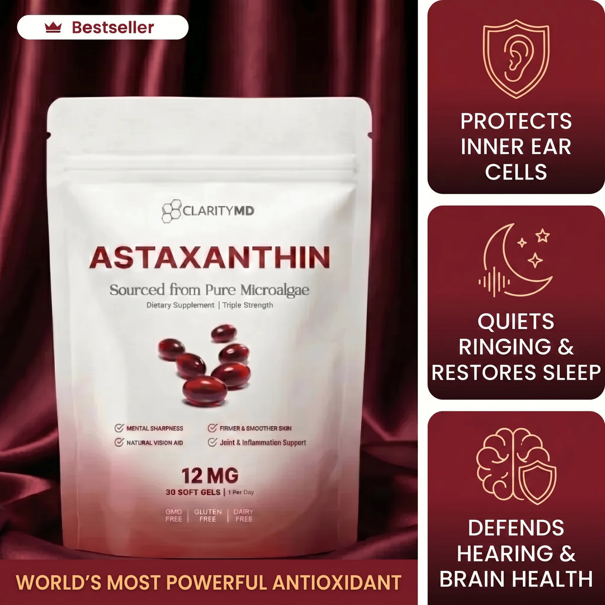 ClarityMD Astaxanthin 12mg Softgels - Reduced Ringing, Better Sleep & Total Inner Ear Cell Defence Clarity MD
