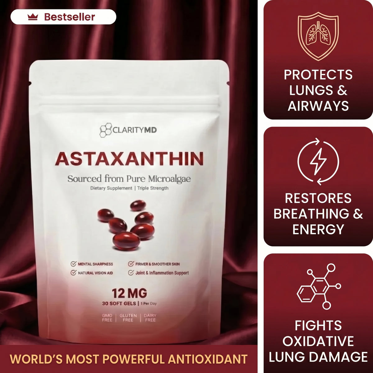 ClarityMD - Astaxanthin 12mg Softgels - Clearer Breathing, Chest Comfort & Total Lung Cell Defence