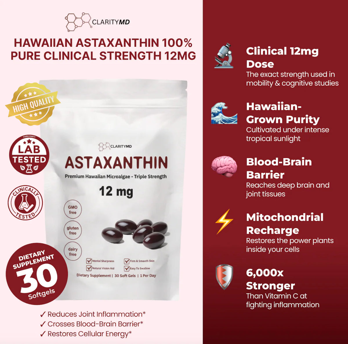 ClarityMD Astaxanthin Softgels – Naturally Fights Oxidative Stress & Protects Your Sharpness, Mobility, and Independence