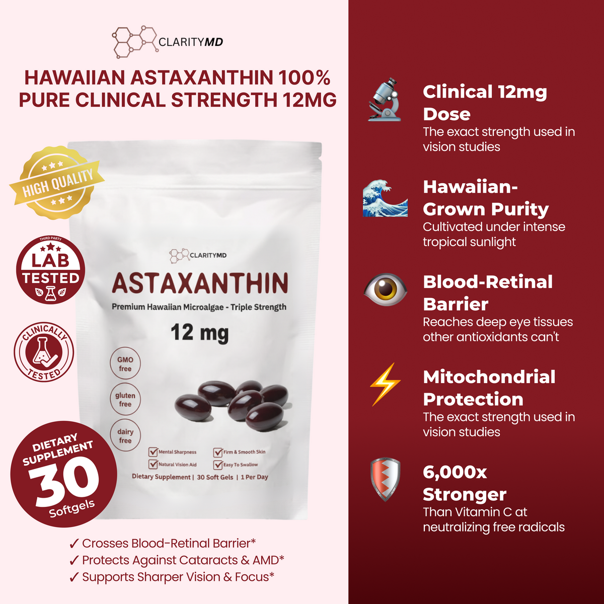 ClarityMD Astaxanthin Softgels - Naturally Protects Your Eye Cells To Restore Sharp, Clear Vision