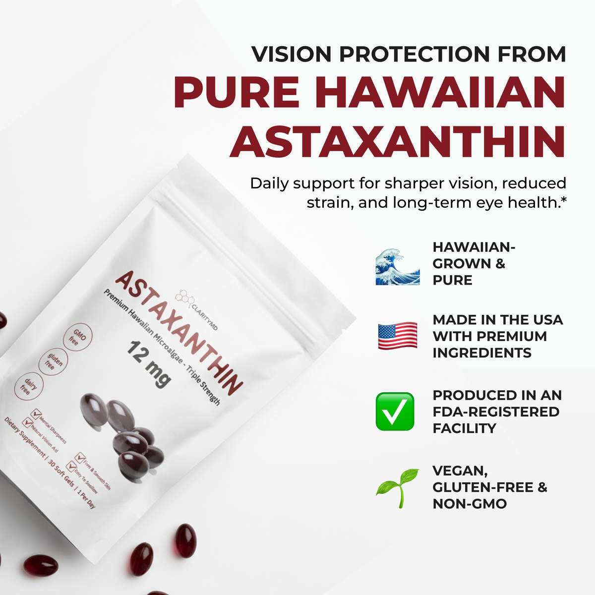 ClarityMD Astaxanthin Softgels - Naturally Protects Your Eye Cells To Restore Sharp, Clear Vision